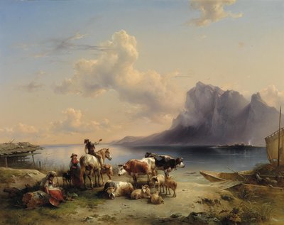 Hirten und Vieh am Attersee von Friedrich Gauermann